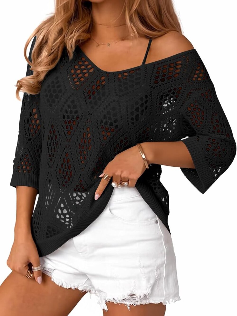🆕Women's All Black Sleeve Crochet Tops Summer V Neck Beach Cover Ups Casual